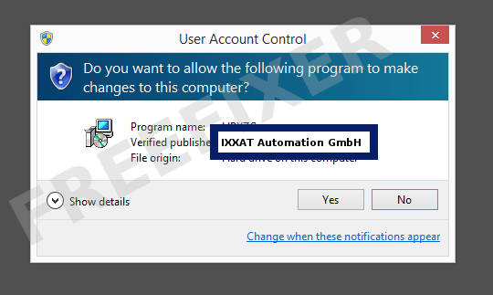 Screenshot where IXXAT Automation GmbH appears as the verified publisher in the UAC dialog